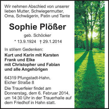 Traueranzeige von Sophie Plößer von Echo-Zeitungen (Gesamtausgabe)