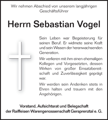 Traueranzeige von Sebastian Vogel von Odenwälder Echo