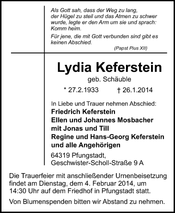 Traueranzeige von Lydia Keferstein von Echo-Zeitungen (Gesamtausgabe)