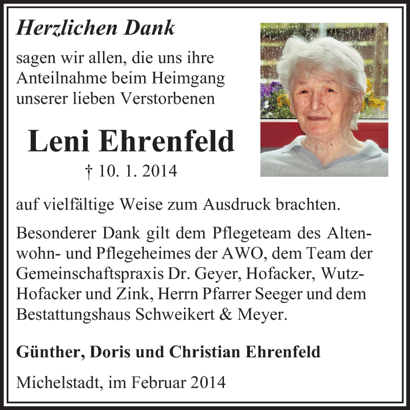  Traueranzeige für Leni Ehrenfeld vom 01.02.2014 aus Odenwälder Echo