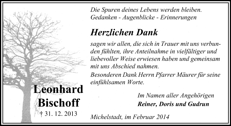  Traueranzeige für Leonhard Bischoff vom 01.02.2014 aus Odenwälder Echo