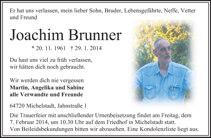  Traueranzeige für Joachim Brunner vom 01.02.2014 aus Odenwälder Echo