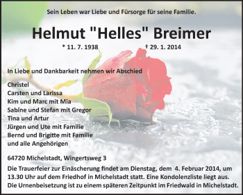 Traueranzeige von Helmut Breimer von Odenwälder Echo