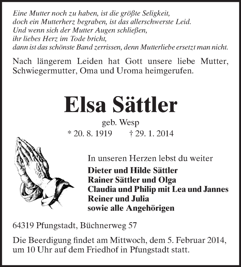  Traueranzeige für Elsa Sättler vom 01.02.2014 aus Echo-Zeitungen (Gesamtausgabe)