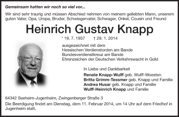 Traueranzeige von Heinrich Gustav Knapp von Echo-Zeitungen (Gesamtausgabe)