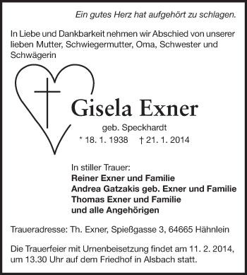 Traueranzeige von tGisela Exner von Echo-Zeitungen (Gesamtausgabe)
