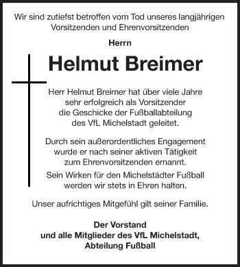 Traueranzeige von Helmut Breimer von Odenwälder Echo