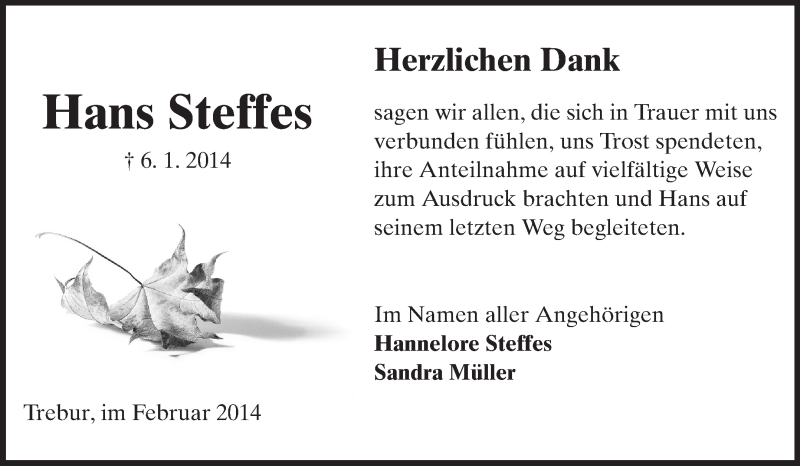  Traueranzeige für Hans Steifes vom 01.02.2014 aus Rüsselsheimer Echo, Groß-Gerauer-Echo, Ried Echo