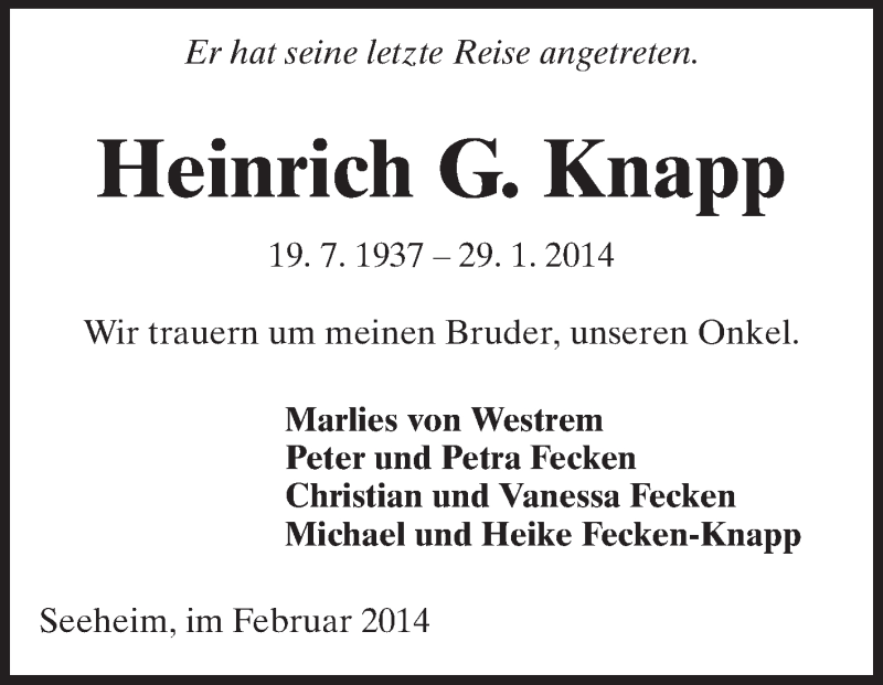  Traueranzeige für Heinrich G. Knapp vom 01.02.2014 aus Echo-Zeitungen (Gesamtausgabe)