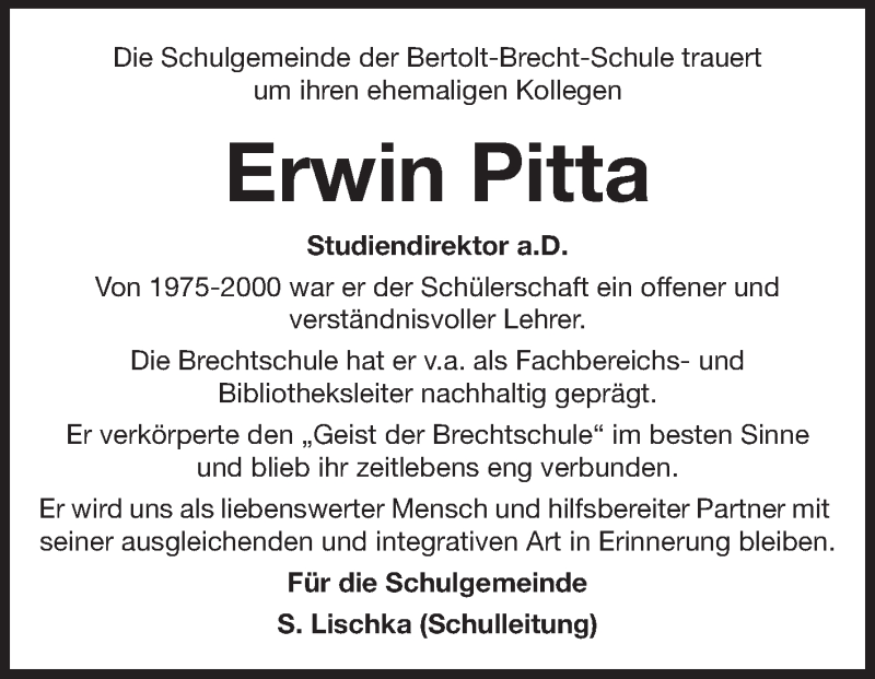  Traueranzeige für Erwin Pitta vom 01.02.2014 aus Echo-Zeitungen (Gesamtausgabe)
