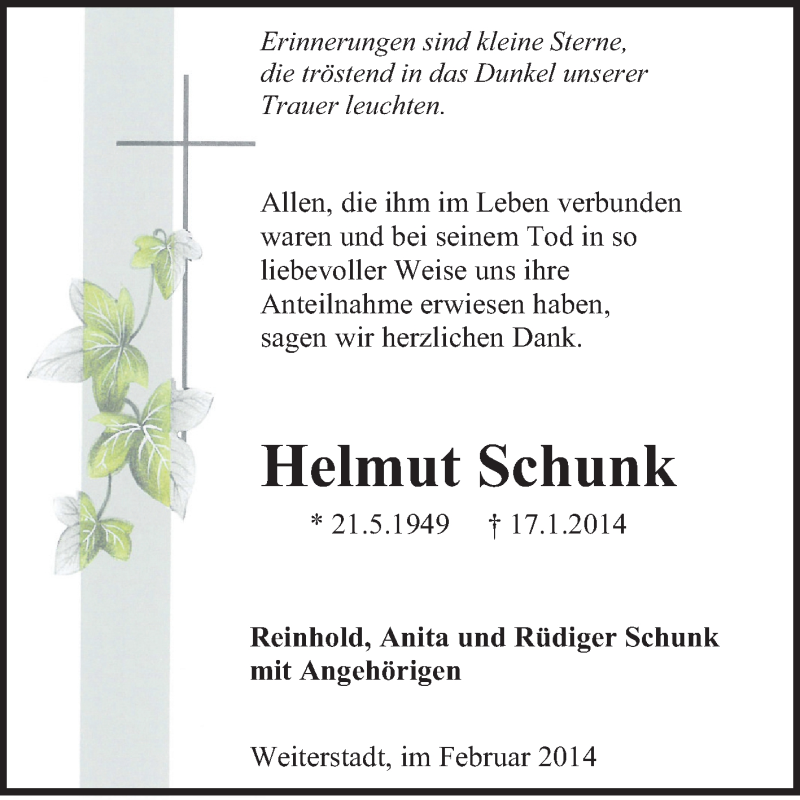  Traueranzeige für Helmut Schunk vom 01.02.2014 aus Echo-Zeitungen (Gesamtausgabe)