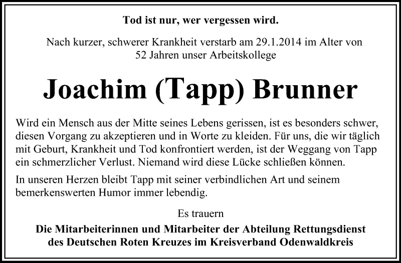  Traueranzeige für Joachim Brunner vom 01.02.2014 aus Odenwälder Echo
