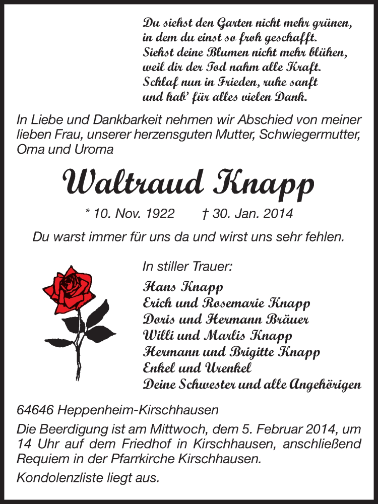  Traueranzeige für Waltraud Knapp vom 01.02.2014 aus Starkenburger Echo