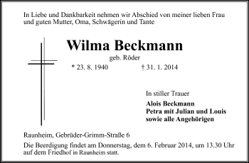 Traueranzeige von Wilma Beckmann von Rüsselsheimer Echo, Groß-Gerauer-Echo, Ried Echo