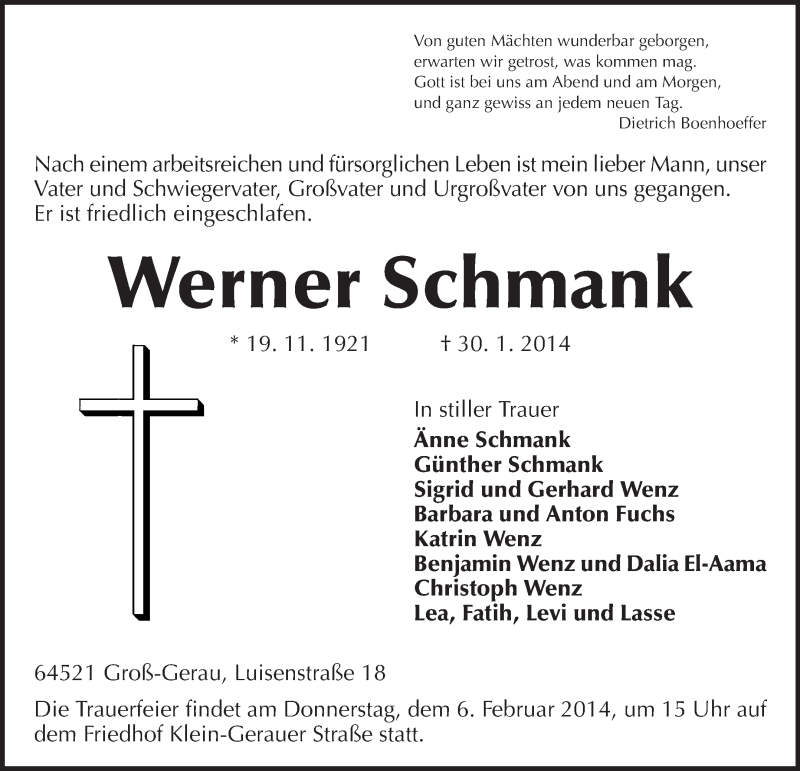  Traueranzeige für Werner Schmank vom 03.02.2014 aus Rüsselsheimer Echo, Groß-Gerauer-Echo, Ried Echo