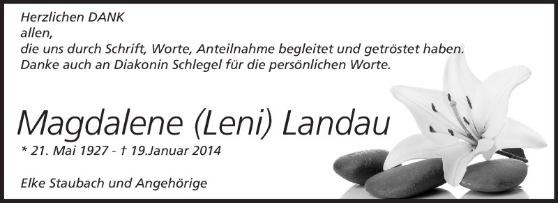  Traueranzeige für Magdalene Landau vom 05.02.2014 aus Rüsselsheimer Echo, Groß-Gerauer-Echo, Ried Echo