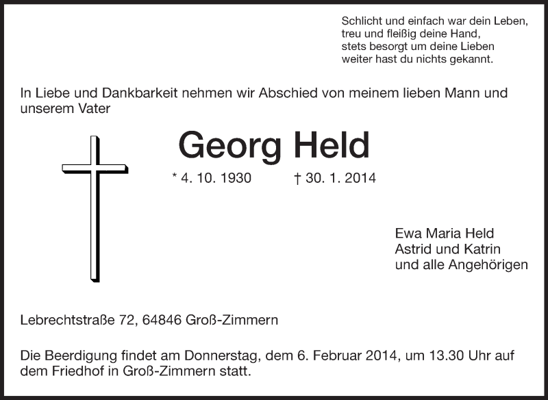  Traueranzeige für Georg Held vom 03.02.2014 aus Darmstädter Echo, Odenwälder Echo, Rüsselsheimer Echo, Groß-Gerauer-Echo, Ried Echo