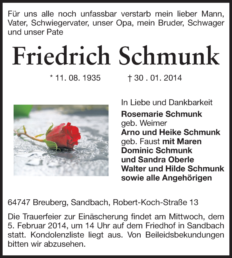  Traueranzeige für Friedrich Schmunk vom 03.02.2014 aus Odenwälder Echo