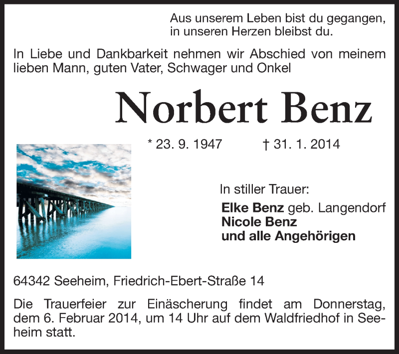  Traueranzeige für Norbert Benz vom 03.02.2014 aus Echo-Zeitungen (Gesamtausgabe)