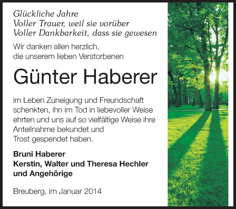  Traueranzeige für Günter Haberer vom 07.02.2014 aus Odenwälder Echo