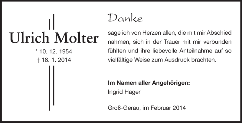 Traueranzeige für Ulrich Molter vom 04.02.2014 aus Rüsselsheimer Echo, Groß-Gerauer-Echo, Ried Echo