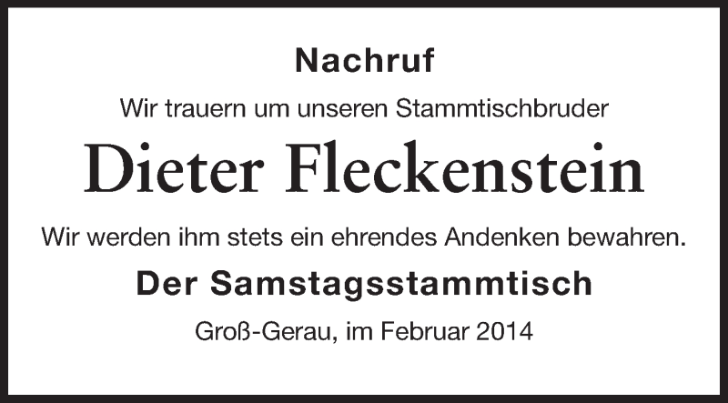  Traueranzeige für Dieter Fleckenstein vom 08.02.2014 aus Rüsselsheimer Echo, Groß-Gerauer-Echo, Ried Echo