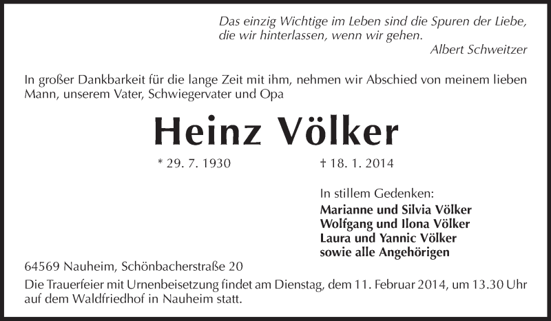  Traueranzeige für Heinz Völker vom 06.02.2014 aus Rüsselsheimer Echo, Groß-Gerauer-Echo, Ried Echo