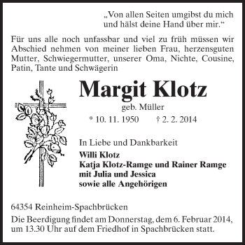 Traueranzeige von Margit Klotz von Echo-Zeitungen (Gesamtausgabe)