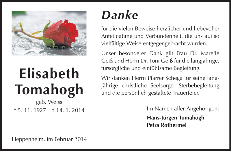  Traueranzeige für Elisabeth Tomahogh vom 07.02.2014 aus Starkenburger Echo