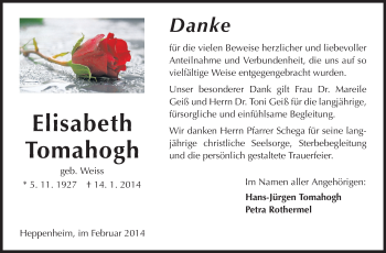 Traueranzeige von Elisabeth Tomahogh von Starkenburger Echo