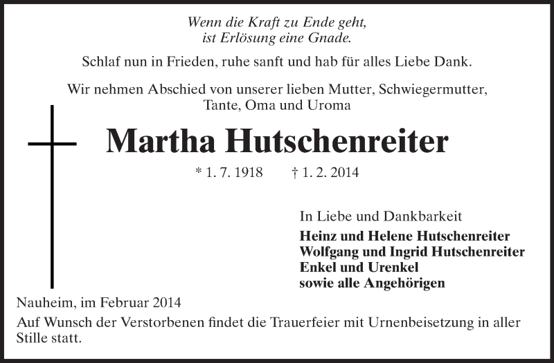  Traueranzeige für Martha Hutschenreiter vom 08.02.2014 aus Rüsselsheimer Echo, Groß-Gerauer-Echo, Ried Echo