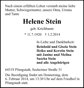 Traueranzeige von Helene Stein von Echo-Zeitungen (Gesamtausgabe)