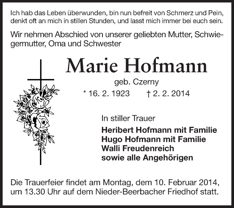  Traueranzeige für Marie Hofmann vom 05.02.2014 aus Echo-Zeitungen (Gesamtausgabe)