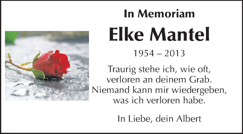  Traueranzeige für Elke Mantel vom 08.02.2014 aus Echo-Zeitungen (Gesamtausgabe)