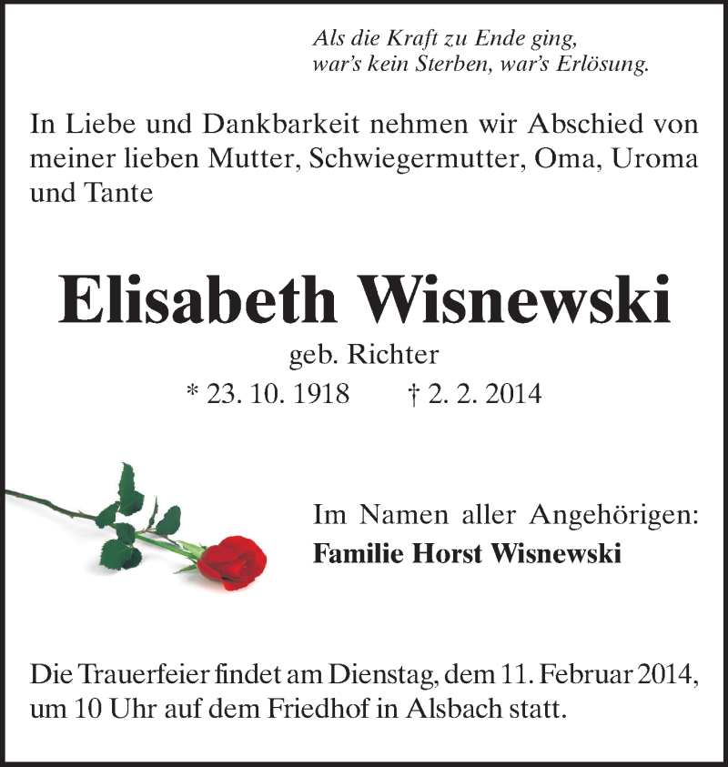  Traueranzeige für Elisabeth Wisnewski vom 08.02.2014 aus Echo-Zeitungen (Gesamtausgabe)