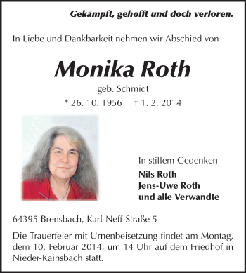 Traueranzeige von Monika Roth von Echo-Zeitungen (Gesamtausgabe)