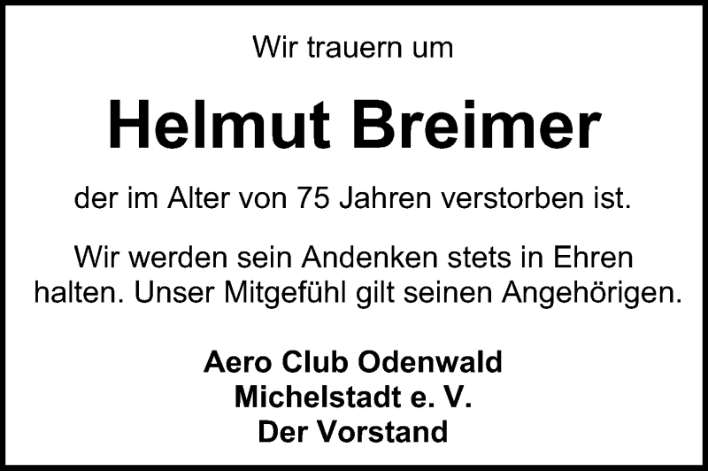  Traueranzeige für Helmut Breimer vom 05.02.2014 aus Odenwälder Echo