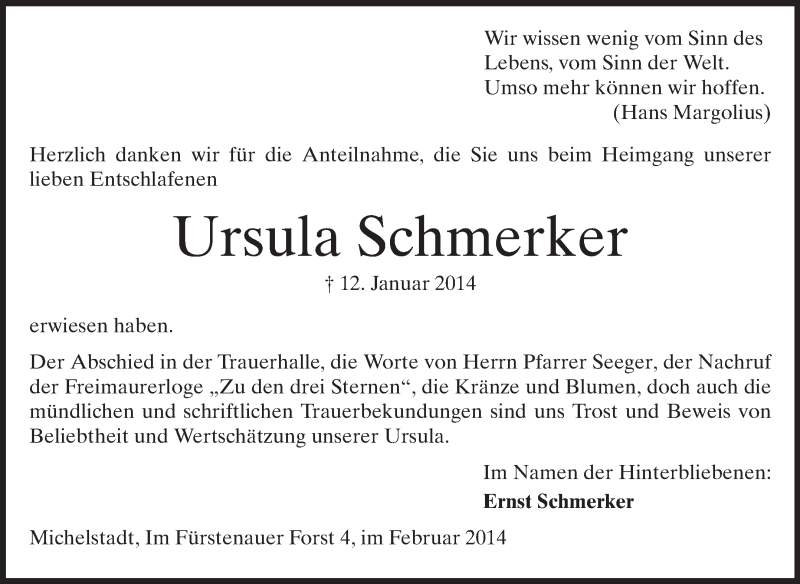  Traueranzeige für Ursula Schmerker vom 08.02.2014 aus Odenwälder Echo