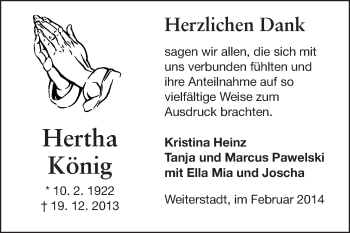 Traueranzeige von Hertha König von Echo-Zeitungen (Gesamtausgabe)