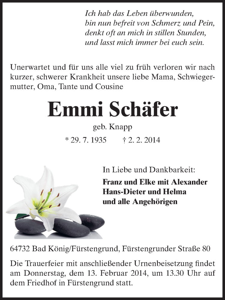  Traueranzeige für Emmi Schäfer vom 10.02.2014 aus Odenwälder Echo
