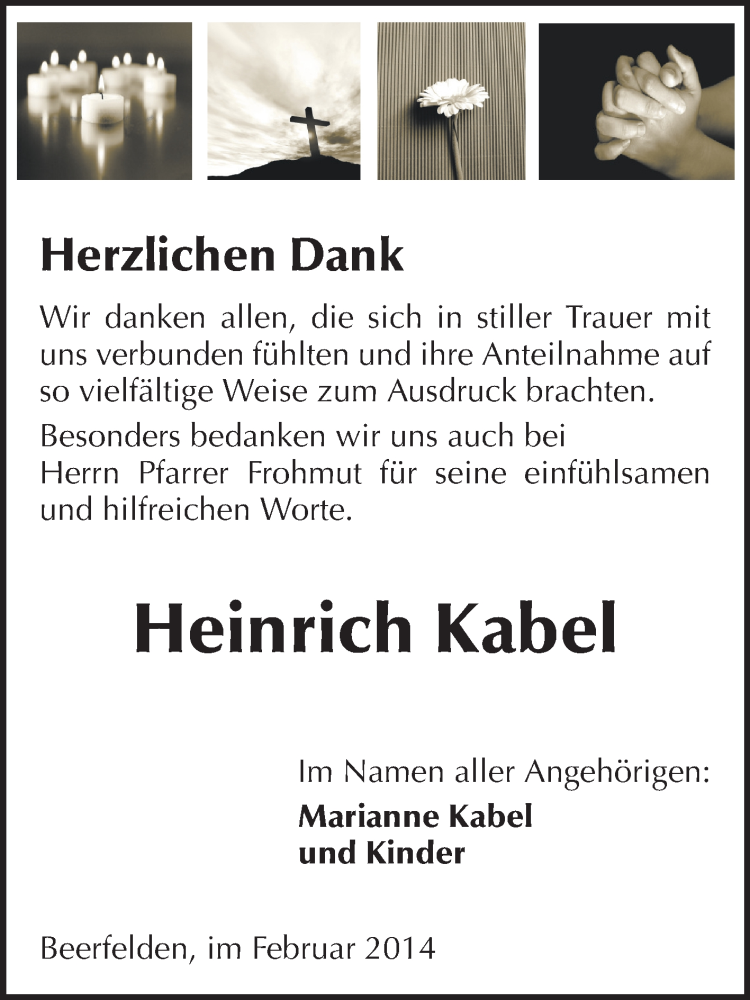  Traueranzeige für Heinrich Kabel vom 07.02.2014 aus Odenwälder Echo