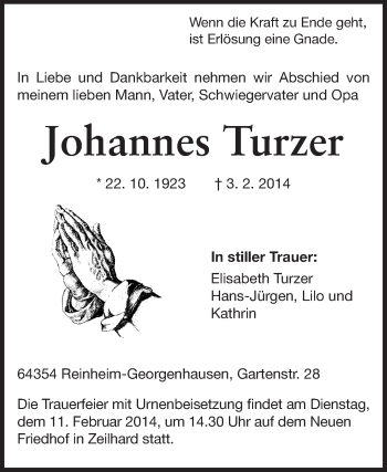 Traueranzeige von Johannes Turzer von Echo-Zeitungen (Gesamtausgabe)