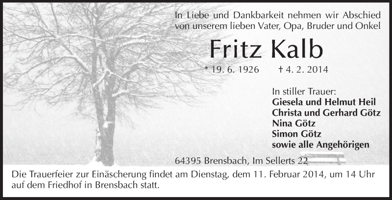  Traueranzeige für Fritz Kalb vom 08.02.2014 aus Echo-Zeitungen (Gesamtausgabe)