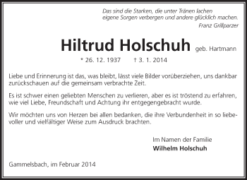 Traueranzeige von Hiltrud Holschuh von Odenwälder Echo