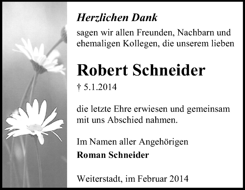  Traueranzeige für Robert Schneider vom 08.02.2014 aus Echo-Zeitungen (Gesamtausgabe)