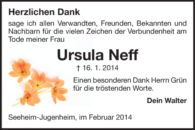  Traueranzeige für Ursula Neff vom 08.02.2014 aus Echo-Zeitungen (Gesamtausgabe)