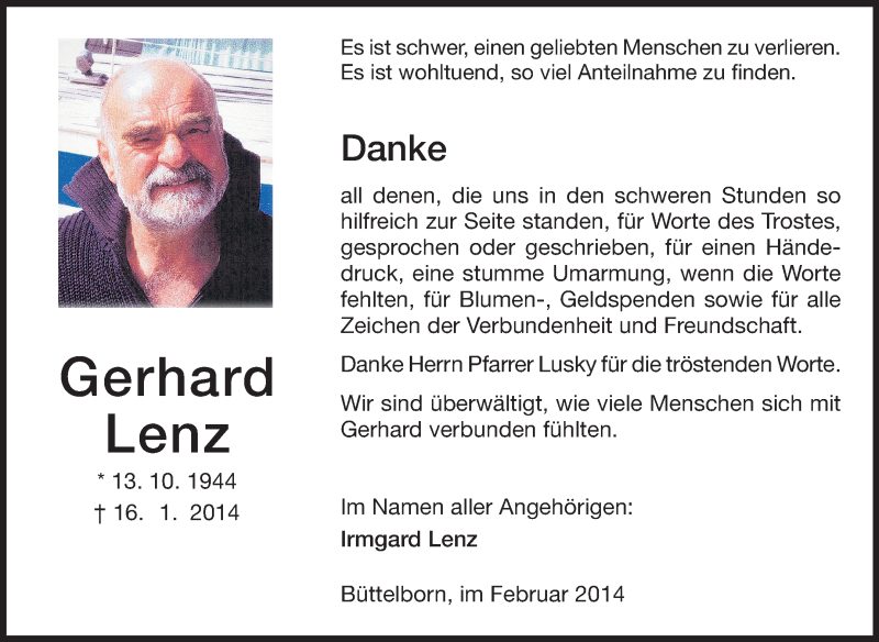  Traueranzeige für Gerhard Lenz vom 08.02.2014 aus Rüsselsheimer Echo, Groß-Gerauer-Echo, Ried Echo