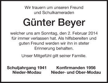 Traueranzeige von Günter Beyer von Echo-Zeitungen (Gesamtausgabe)