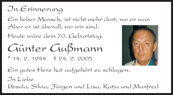 Traueranzeige von Günter Gußmann von Echo-Zeitungen (Gesamtausgabe)