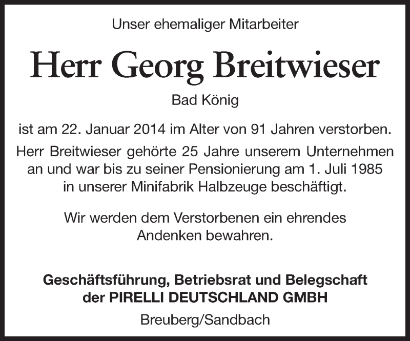  Traueranzeige für Georg Breitwieser vom 07.02.2014 aus Odenwälder Echo